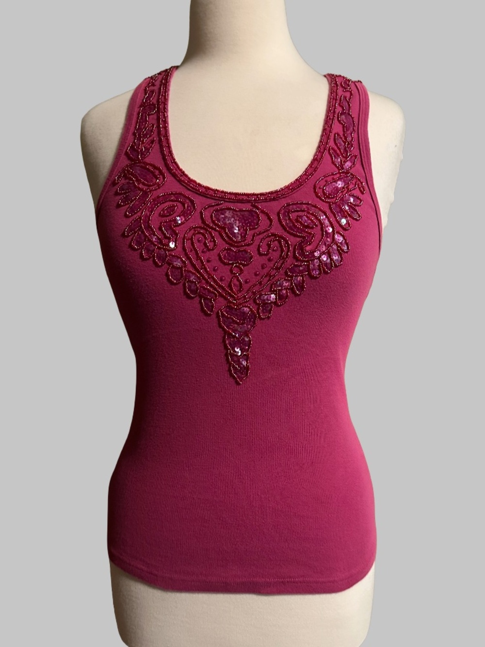 Vtg Y2K Gadzooks Cranberry Pink Beaded Sequin Tank Top Size M Boho